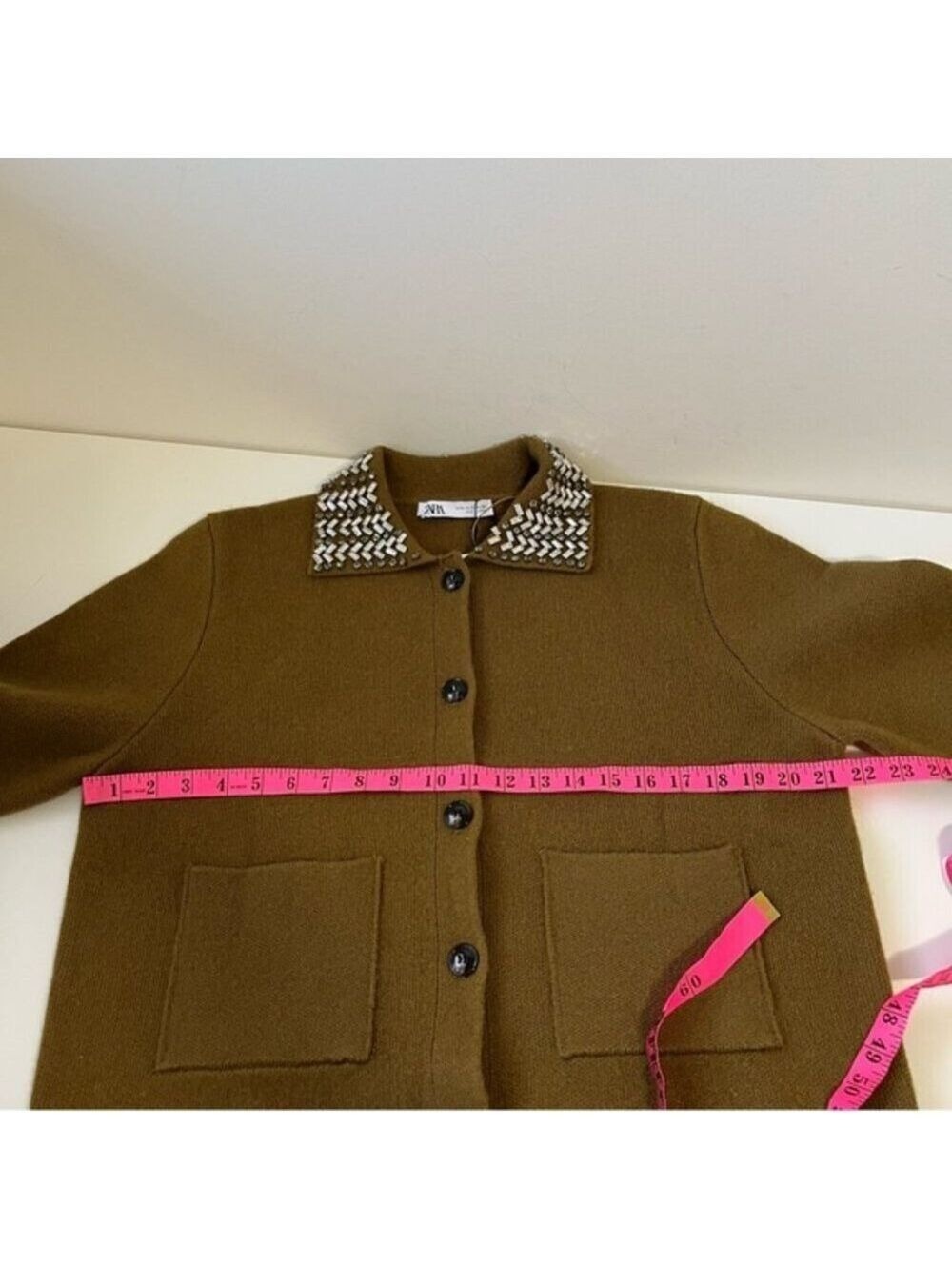 Zara ZW Collection 100% Wool Jewel Collar Cardigan Size XL - Picture 14 of 15